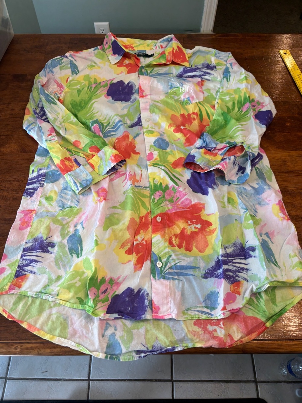 Lauren Ralph Lauren Watercolor Floral Button Down Sleep Shirt Tunic Dress XL